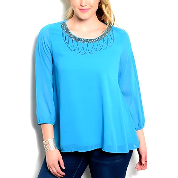 C.O.C. Ladies Top Embellished-Beaded-Neck Turquoise Plus Size 3XL NWT - Picture 1 of 6